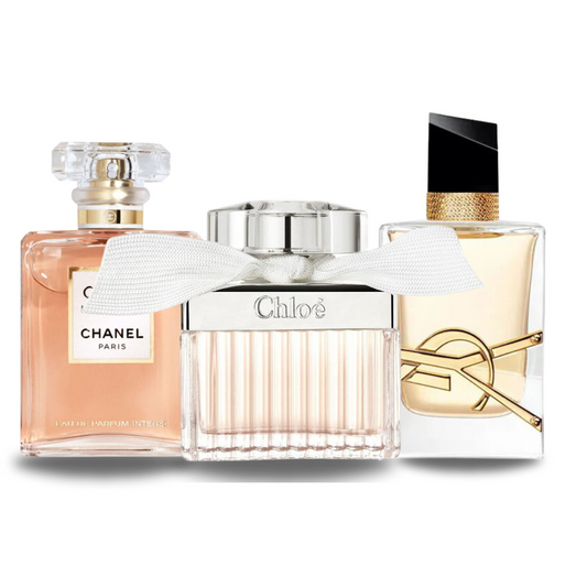 Pacchetto promozionale di 3 profumi  Chanel COCO MADEMOISELLE, Yves Saint Laurent LIBRE e CHLOÉ 100ml.