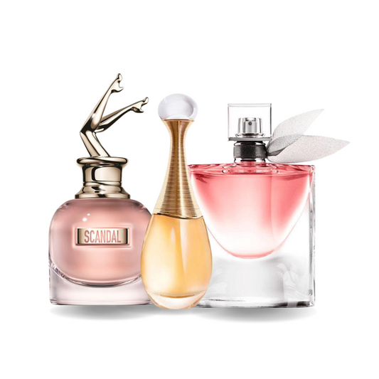 Pacchetto promozionale di 3 profumi Jean Paul Gaultier SCANDAL, Dior J'ADORE e Lancôme LA VIE EST BELLE 100ml.