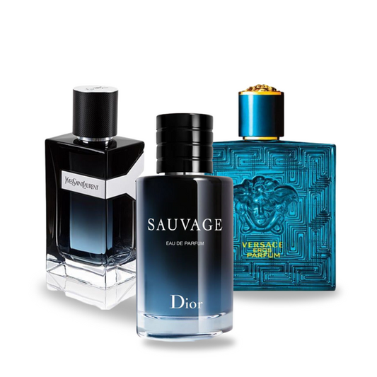 Pacchetto promozionale di 3 profumi Dior SAUVAGE, Yves Saint Laurent Y MEN e Versace EROS 100ml.