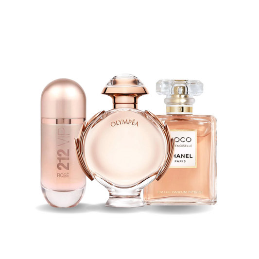 Pacchetto promozionale di 3 profumi Carolina Herrera 212 VIP ROSÉ, Paco Rabanne OLYMPÉA e Chanel COCO MADEMOISELLE 100ml.