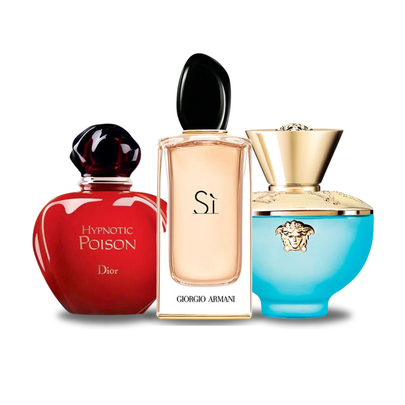 Pacchetto promozionale di 3 profumi  Dior HYPNOTIC POISON, Giorgio Armani SÌ e Versace DYLAN TURQUOISE 100ml.